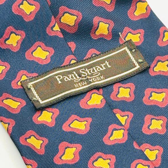 Vintage 90s Paul Stuart Navy Coral Yellow Geometric Silk Necktie - Picture 4 of 7
